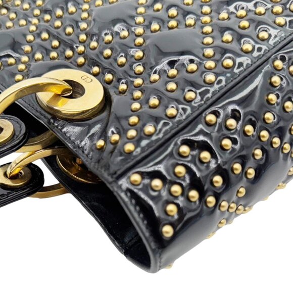 Christian Dior Lady Dior Medium Studded Cannage Patent Leather Crossbody Black - Picture 6 of 11